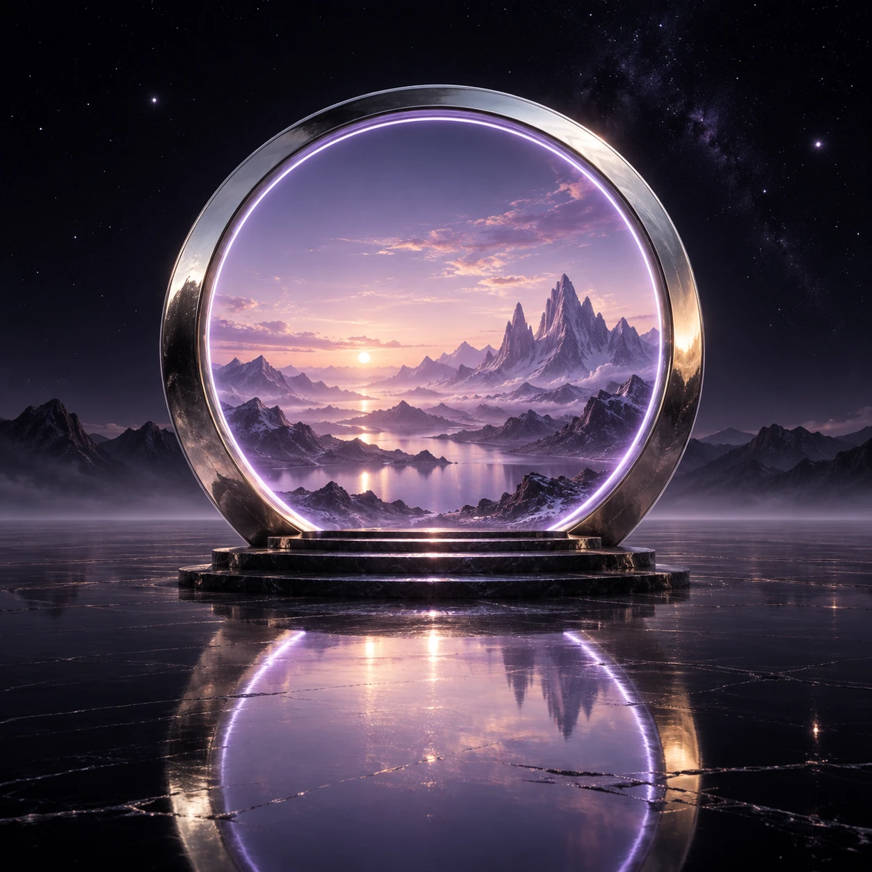 A silver circular portal opening onto a tranquil lavender mountain world